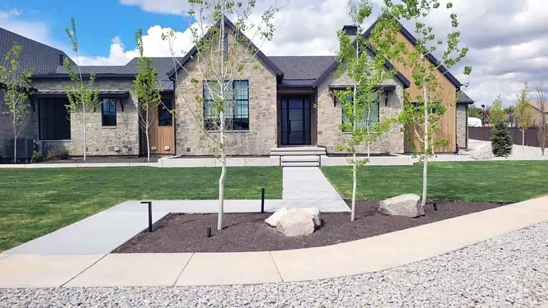 New-build front yard: sod, trees and rock borders