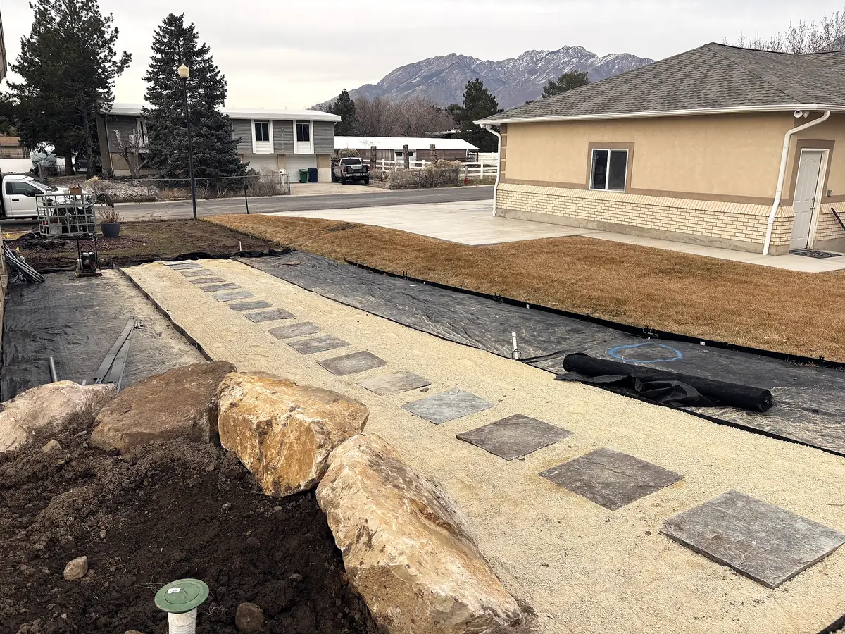 Path and boulders during the build