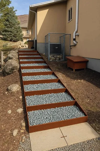 Steel-edged gravel steps up a side yard