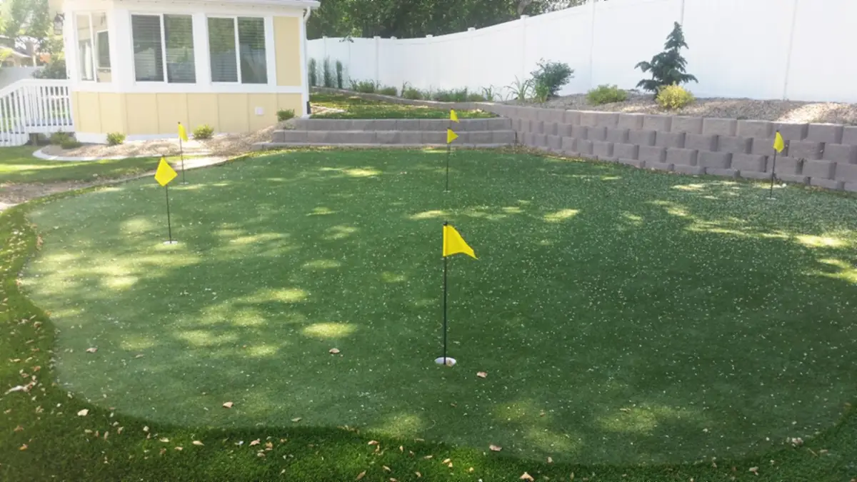 Backyard putting green with flags