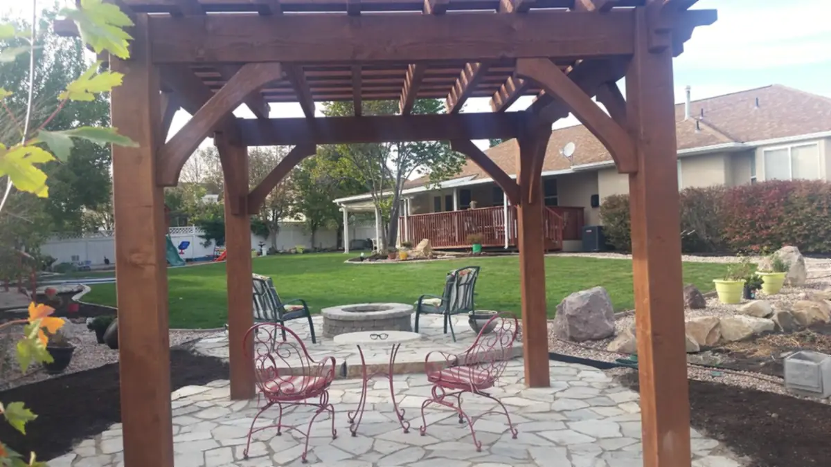 Flagstone patio under a pergola